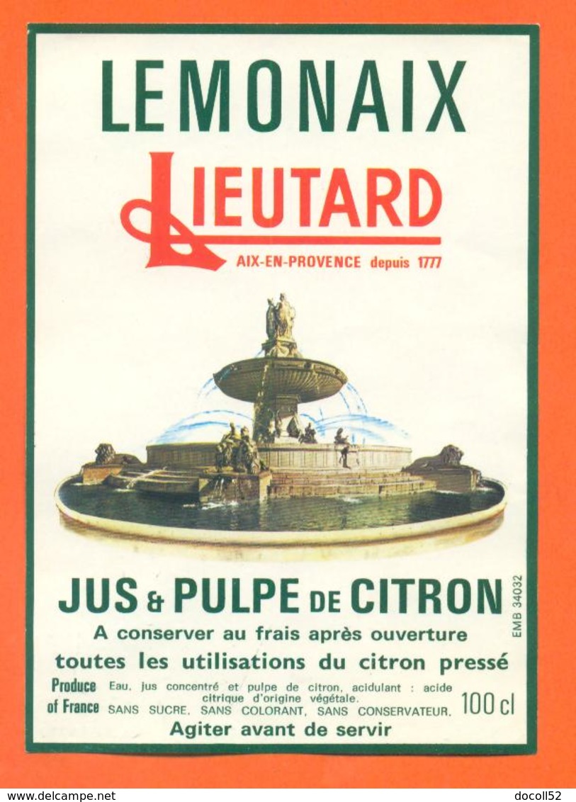 étiquette De Jus Et Pulpe De Citron Lemonaix Lieutard à Aix En Provence - 100 Cl - Fontaine De La Rotonde - Fruits Et Légumes