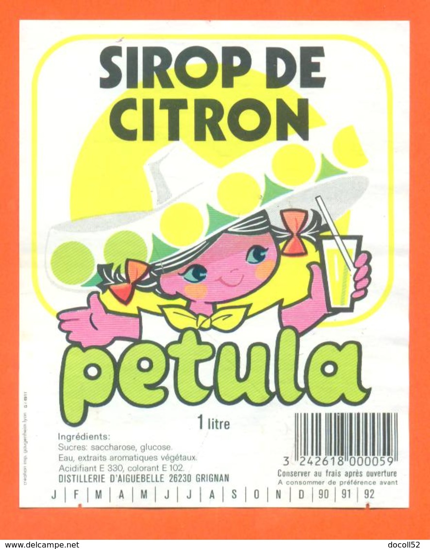 étiquette De Sirop De Citron Petula Distillerie D'aiguebelle à Grignan - 100 Cl - Fruits & Vegetables