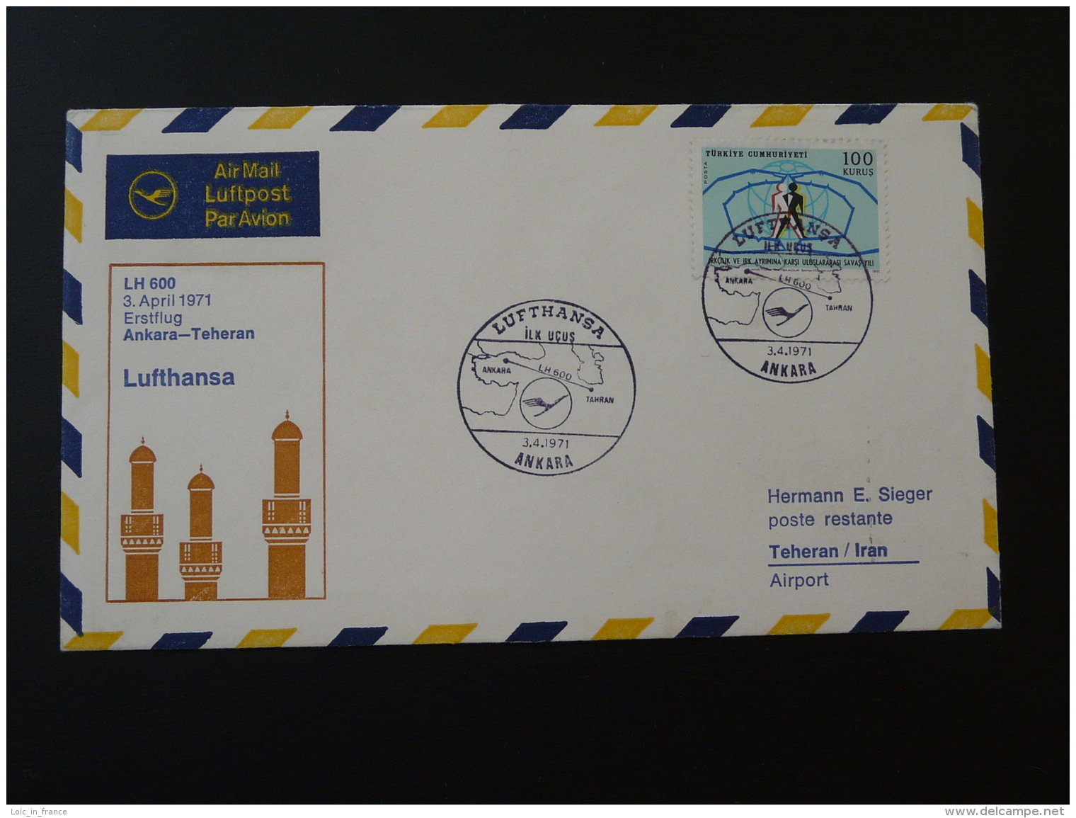 Lettre Premier Vol First Flight Cover 1971 Ankara Turquie Turkey --&gt; Teheran Iran Lufthansa (ref 88075) - Cartas & Documentos