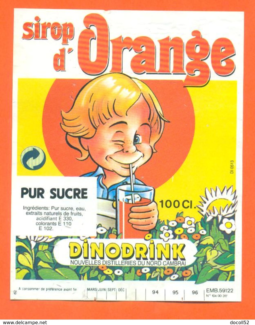 étiquette De Sirop D'orange Dinodrink Distillerie Du Nord à Cambrai - 100 Cl - Fruits & Vegetables