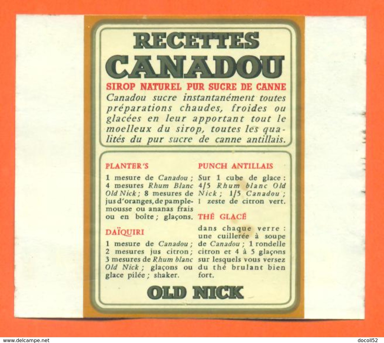 étiquette Ancienne + Etiq De Dos De Sirop De Sucre De Canne Canadou Old Nick à Bordeaux - Fruits & Vegetables