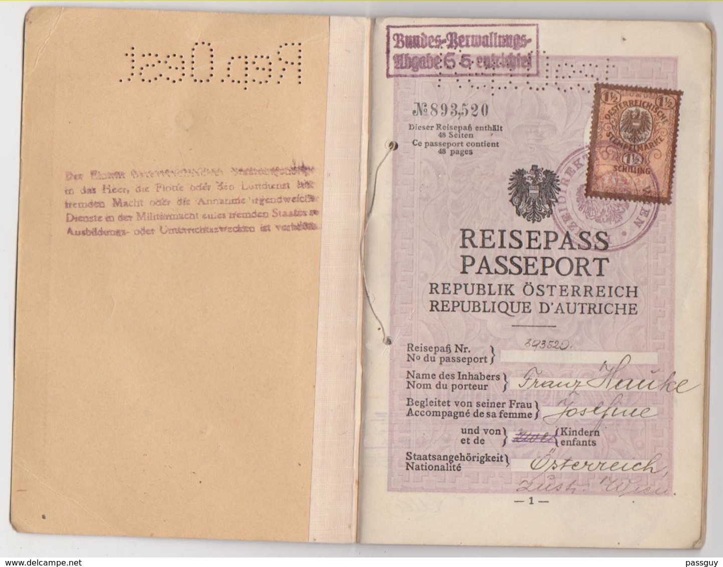 AUSTRIA Passport  - 1929 - Passeport AUTRICHE - Reisepaß – Revenues/Fiscaux - Historische Dokumente