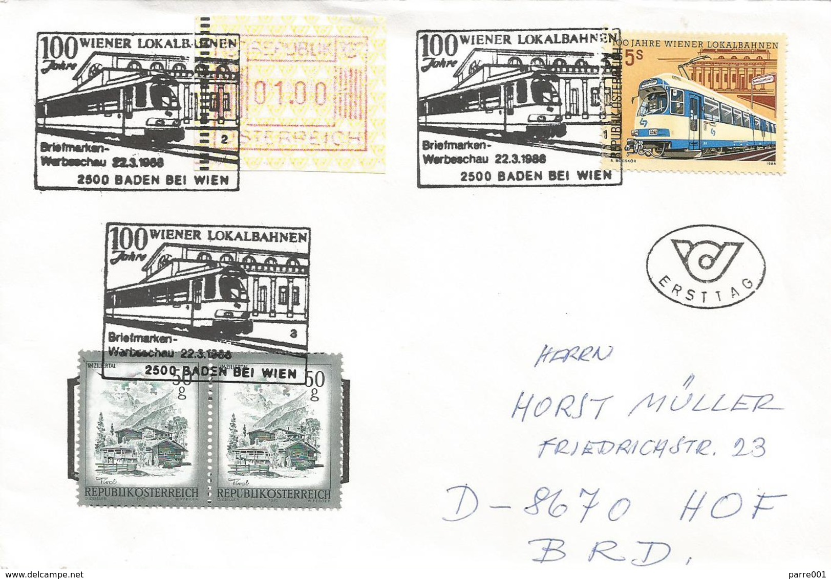 Österreich Austria 1988 Baden Bei Wien Tramway ATM FDC Cover - Strassenbahnen