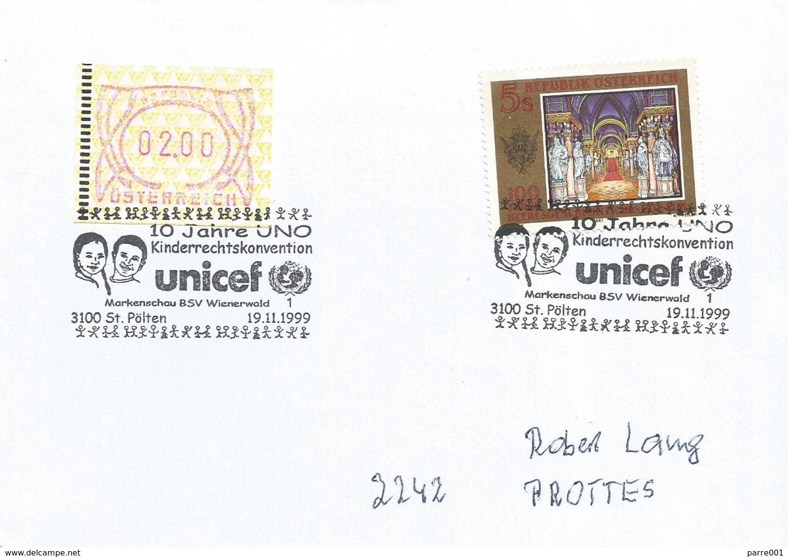 Österreich Austria 1999 St Pölten UNICEF Child ATM Cover - UNICEF