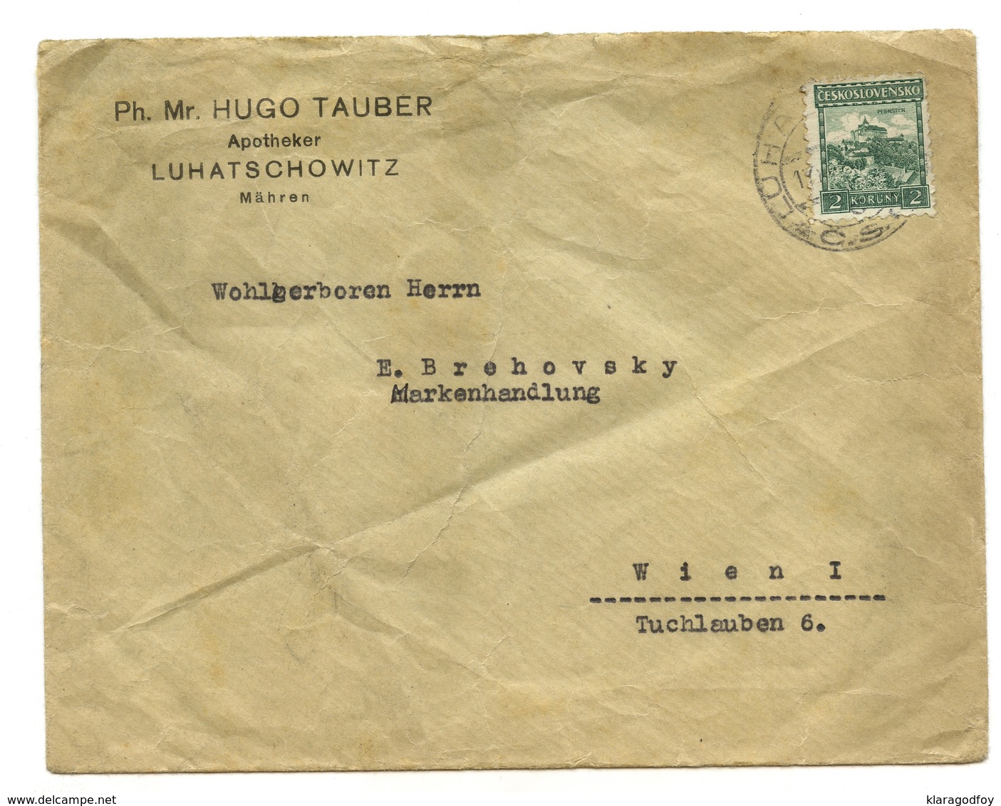 Hugo Tauber Apotheker Luhatshowitz Company Letter Cover Travelled 19?? To Wien B180910 - Storia Postale