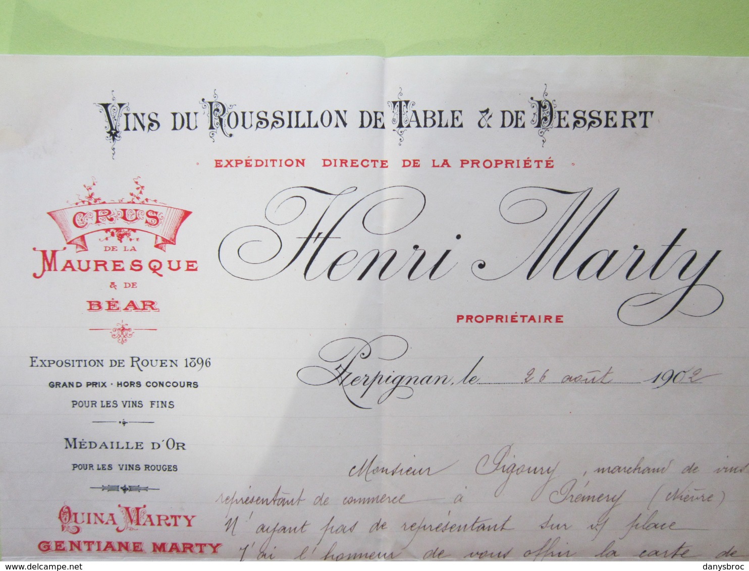 -facture Document - Vins Du Roussillon, Quina,GENTIANE Henri Marty à Perpignan (66)>>Prémery (Nièvre) 26/08/1902 - 1900 – 1949