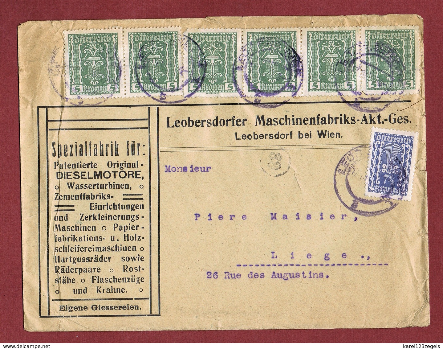 Infla Ab 1 Dez 1921 Ausland Brief Leobersdorf - Lütich 2. Gewichtsstufe - Brieven En Documenten