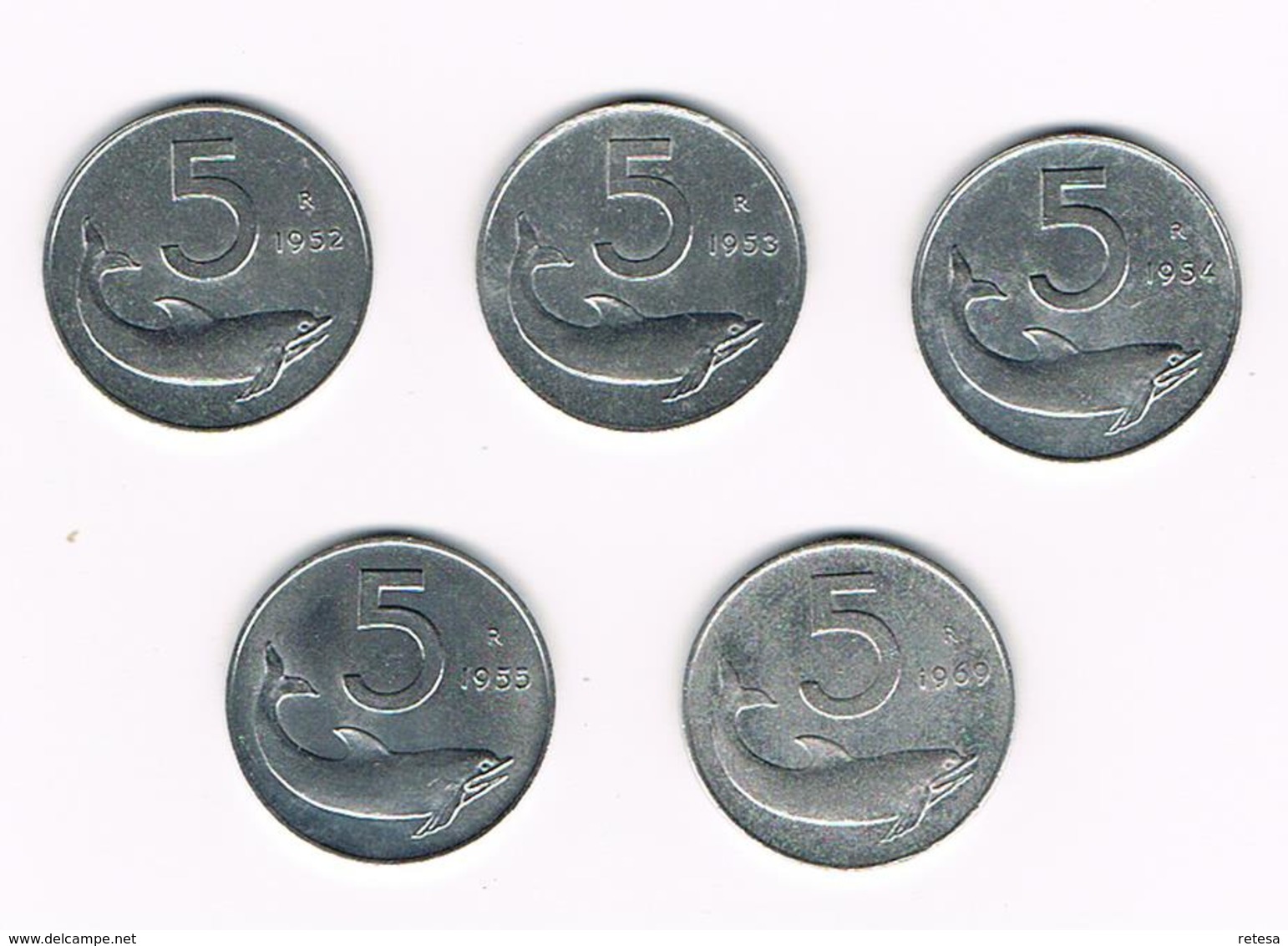 =&   ITALIE  5 X 5  LIRE  1952/53/54/55/69 - 5 Lire