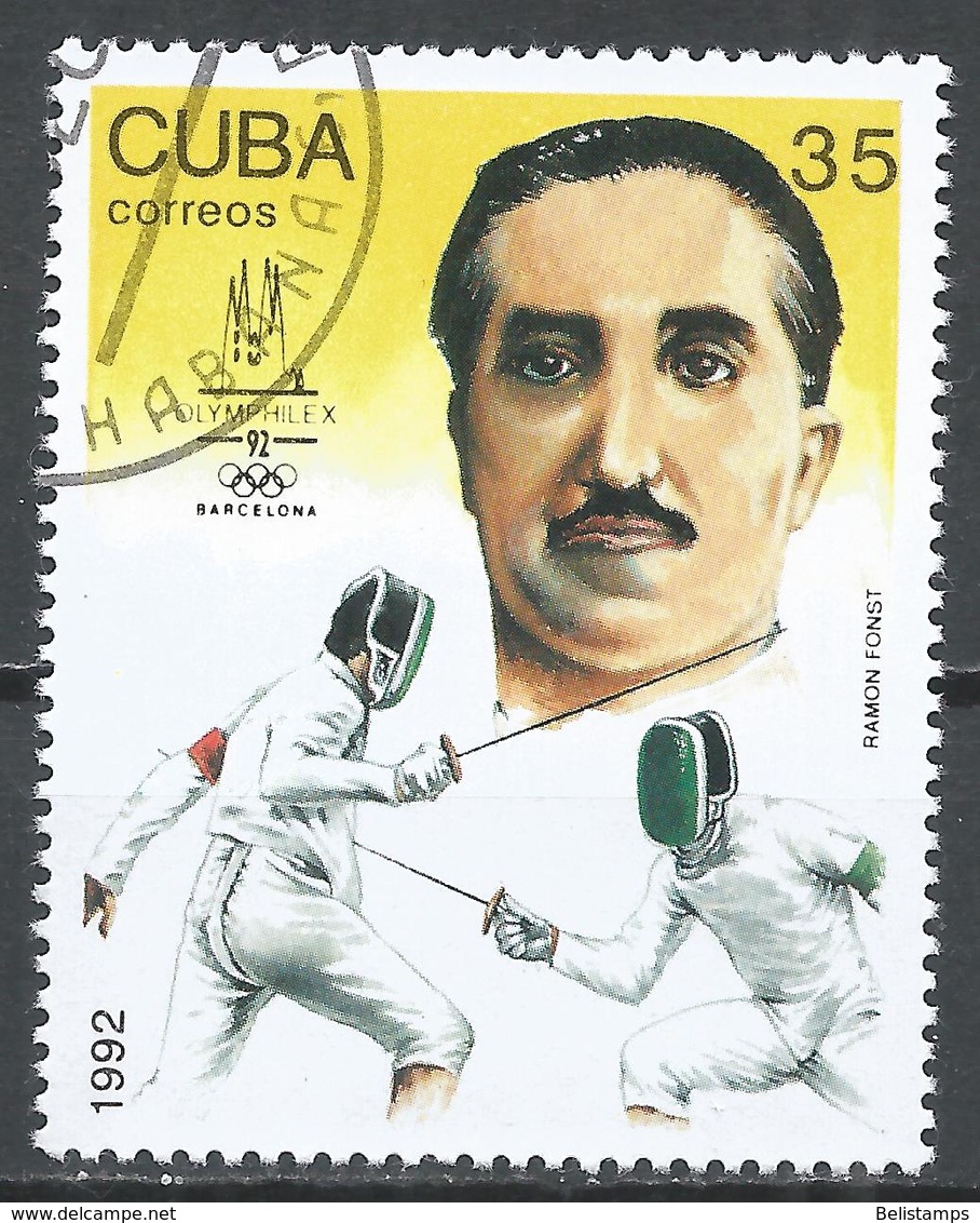 Cuba 1992. Scott #3438 (U) Summer Olympics, Barcelona, Ramon Fonst, Fencing - Oblitérés