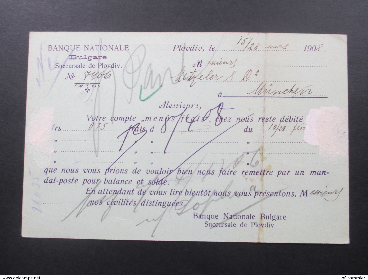 Bulgarien 1908 Ganzsache Der Banque Nationale Bulgare Suceursale De Plovdiv. Nach München Mit AK Stempel - Brieven En Documenten