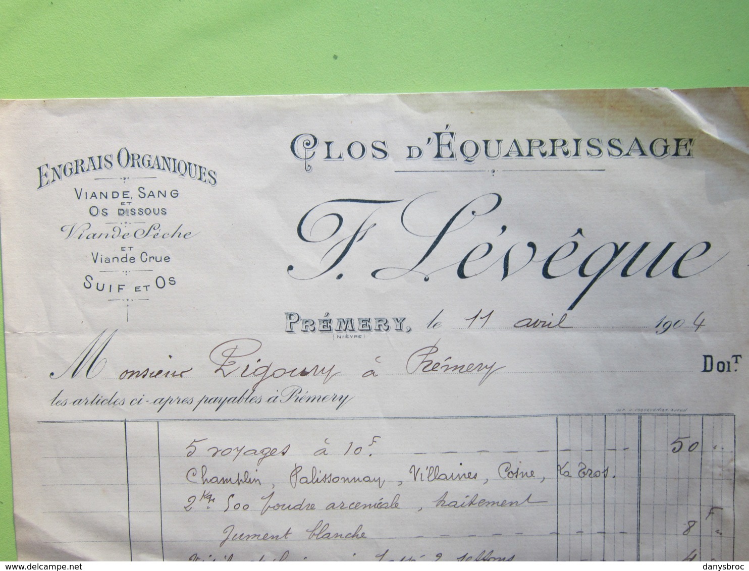 Facture Document - Clos D'Equarrissage,Engrais Organiques Viande Sang & Os- F.Lévêque à Prémery (Nièvre) 11/04/1904 - 1900 – 1949