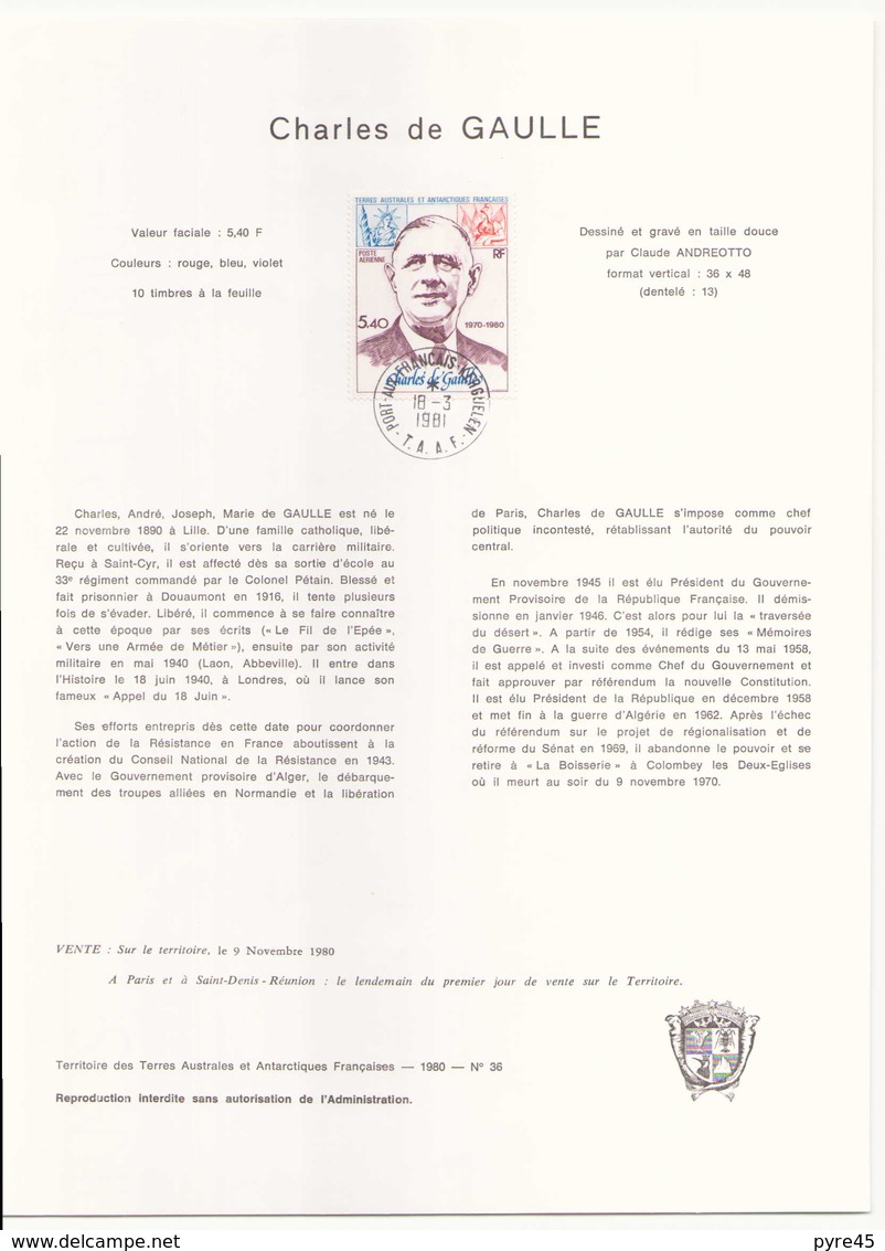 T.A.A.F Document Officiel Charles De Gaulle Du 18 Mars 1981 Au Kerguelen - Autres & Non Classés