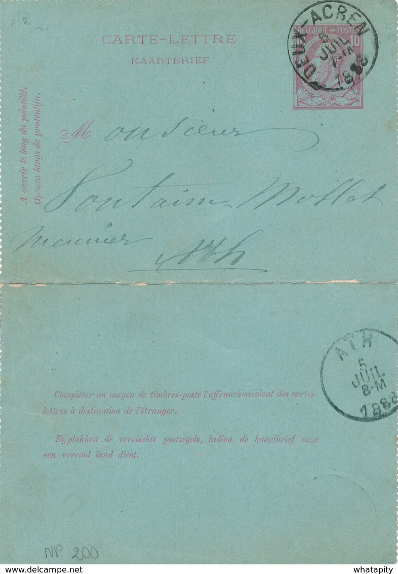 319/27 - Carte-Lettre Type TP 46 Simple Cercle DEUX-ACREN 1888 Vers ATH - Signée Degardin - Cartes-lettres