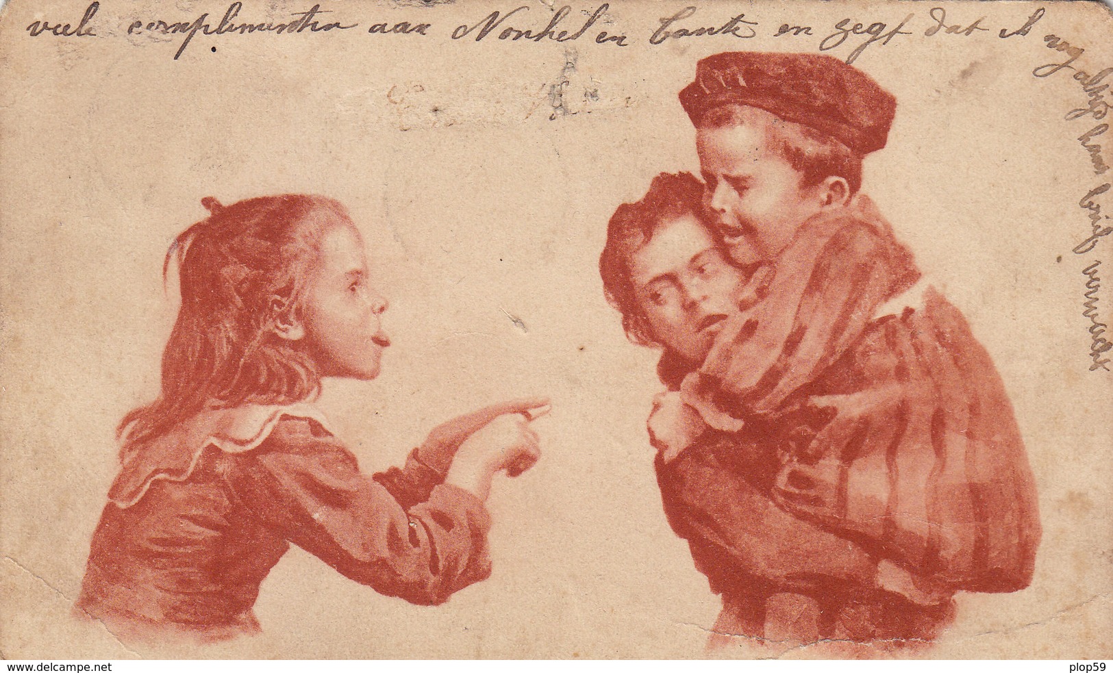 Cpa 2 Scans Type Dessin A La Sanguine Enfants Petite Fille Tirant La Langue 1903 - 1900-1949