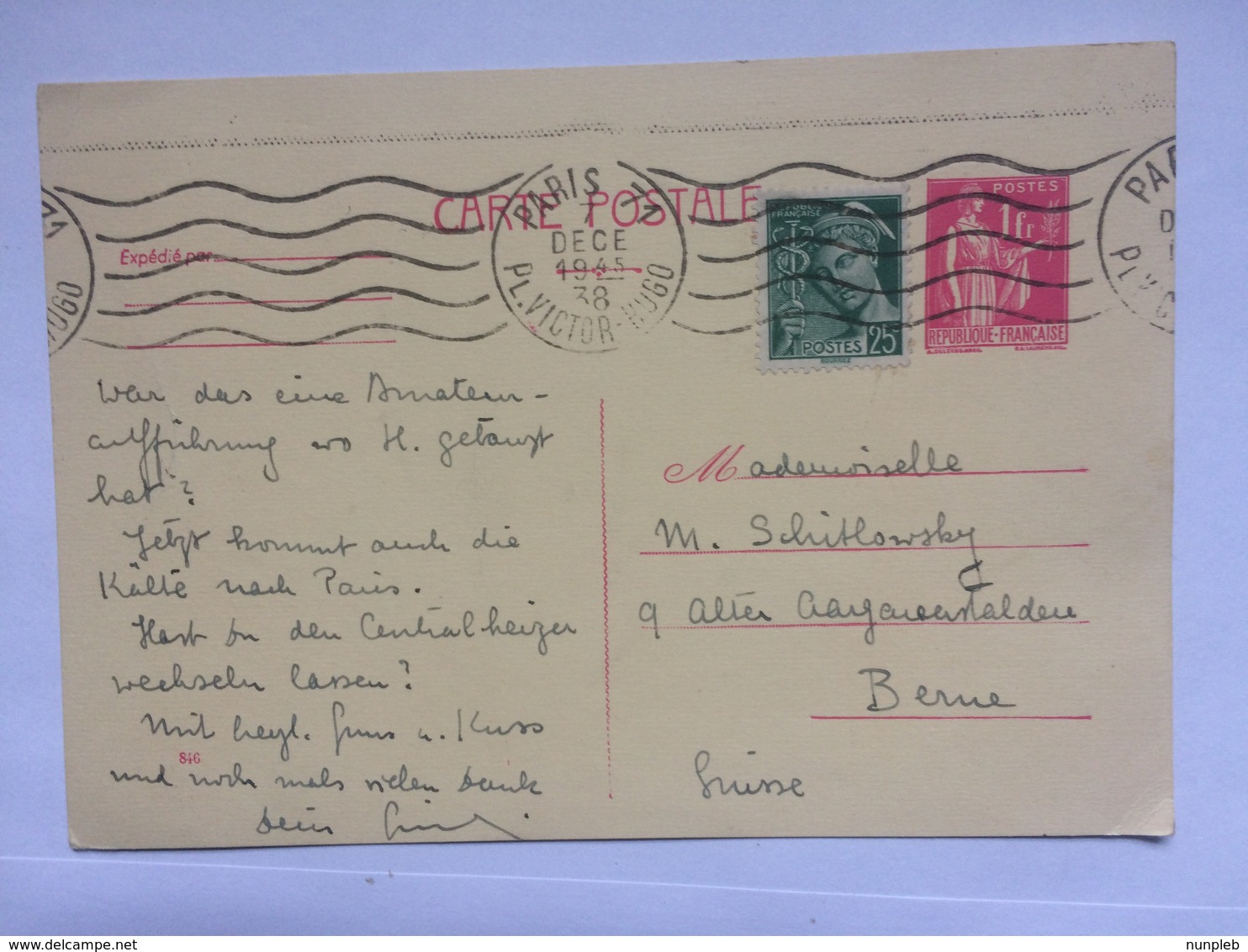 FRANCE - 1938 Carte Postale - Paris R. Victor Hugo To Berne Switzerland - Covers & Documents