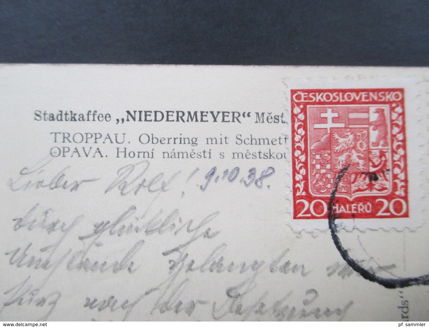 Sudetenland 1938 AK Stadtkaffee Niedermeyer Mit CSSR Frankatur Stempel Ortsgruppe Katharein Bezirk Troppau - Sudetes