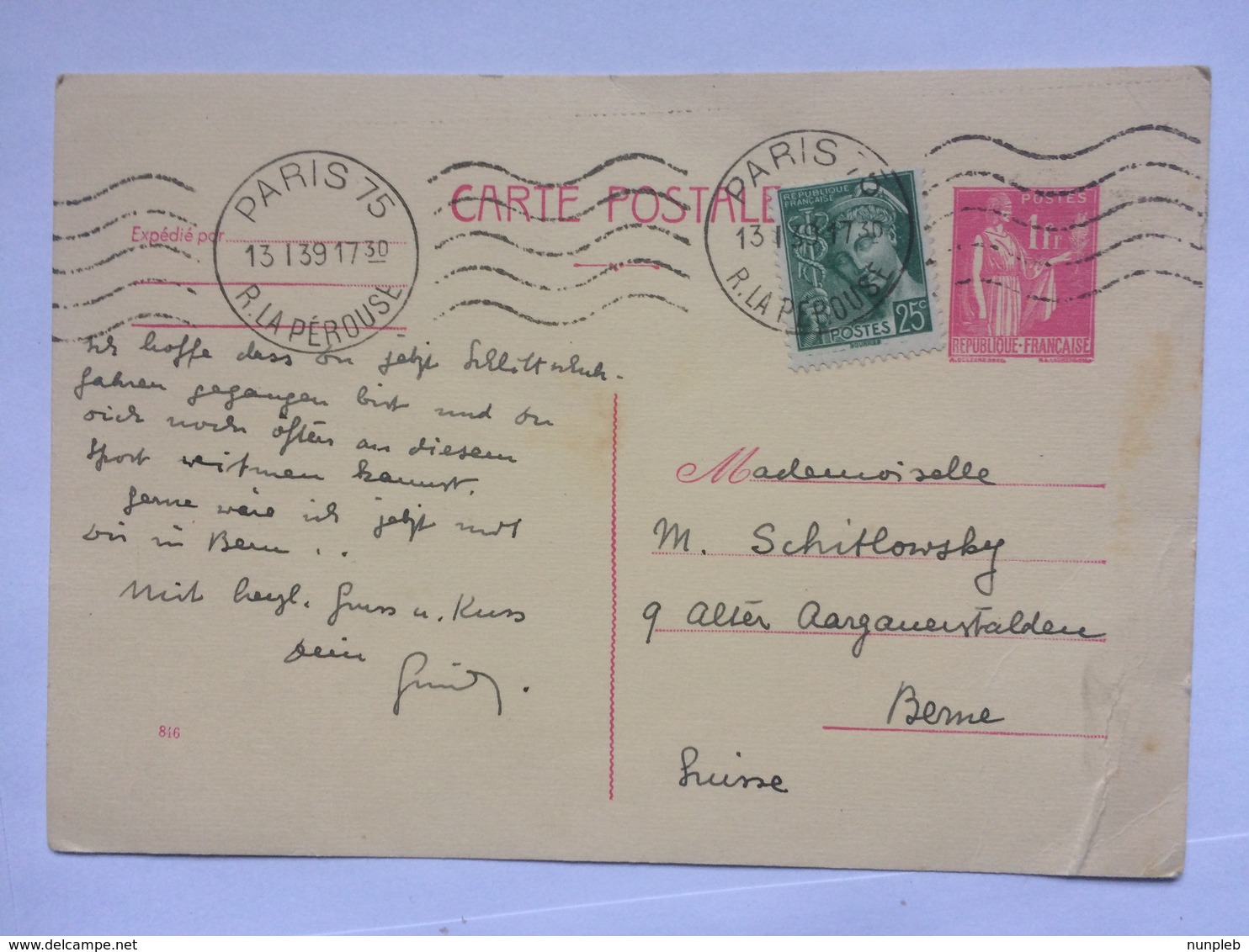 FRANCE - 1939 Carte Postale - Paris R. La Perouse To Berne Switzerland - Covers & Documents