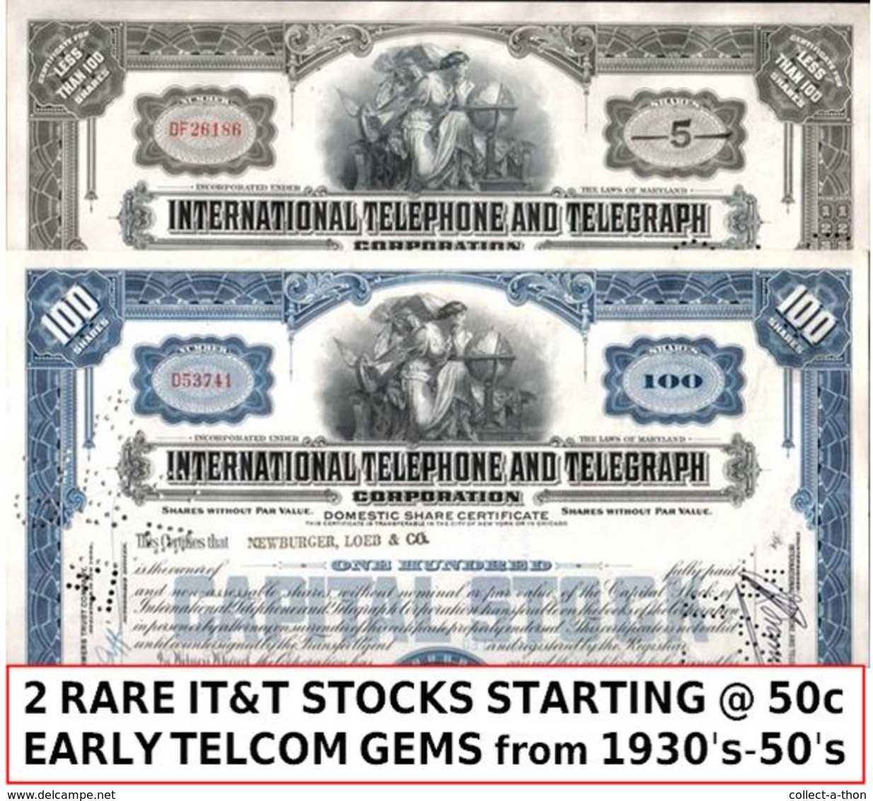 200 IT&T STOCKS (INTERNATIONAL TELEPHONE & TELEGRAPH) 100 BLUE/100 GREY 1940's-60's! LOWEST PRICE! (20c!!) - Lots & Kiloware - Banknotes