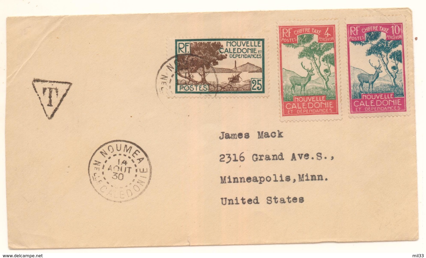 Rare Lettre Pour Les USA De 1930 Taxée Avec 2 Timbres Taxe Cerf Et Niaouli Grosse Cote - Storia Postale