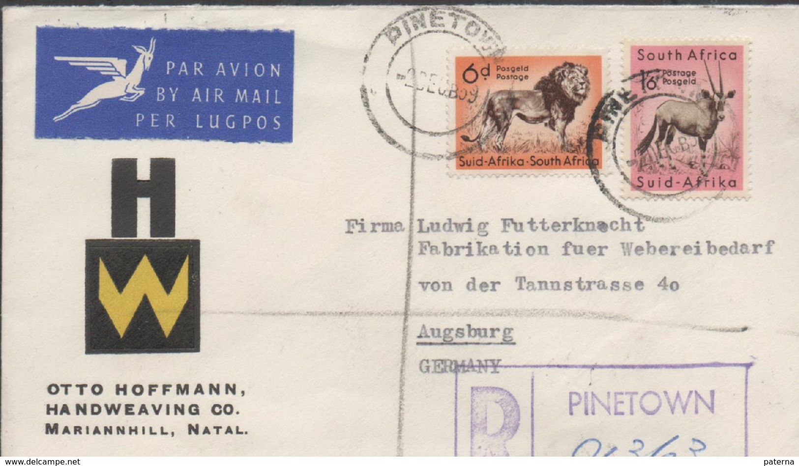 3322   Carta  Aérea Y Certificada  Pinetown 1959 - Storia Postale