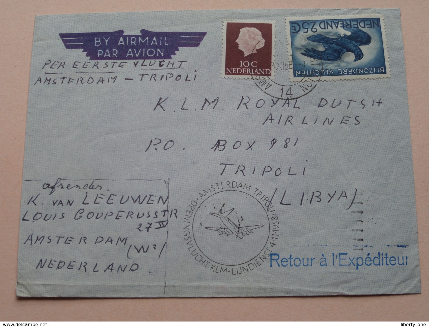 ENVELOPPE / OMSLAG : KLM Amsterdam - Tripoli LYBIE 1958 Openingsvlucht KLM Lijndienst ( Zie Foto's ) ! - Poste Aérienne