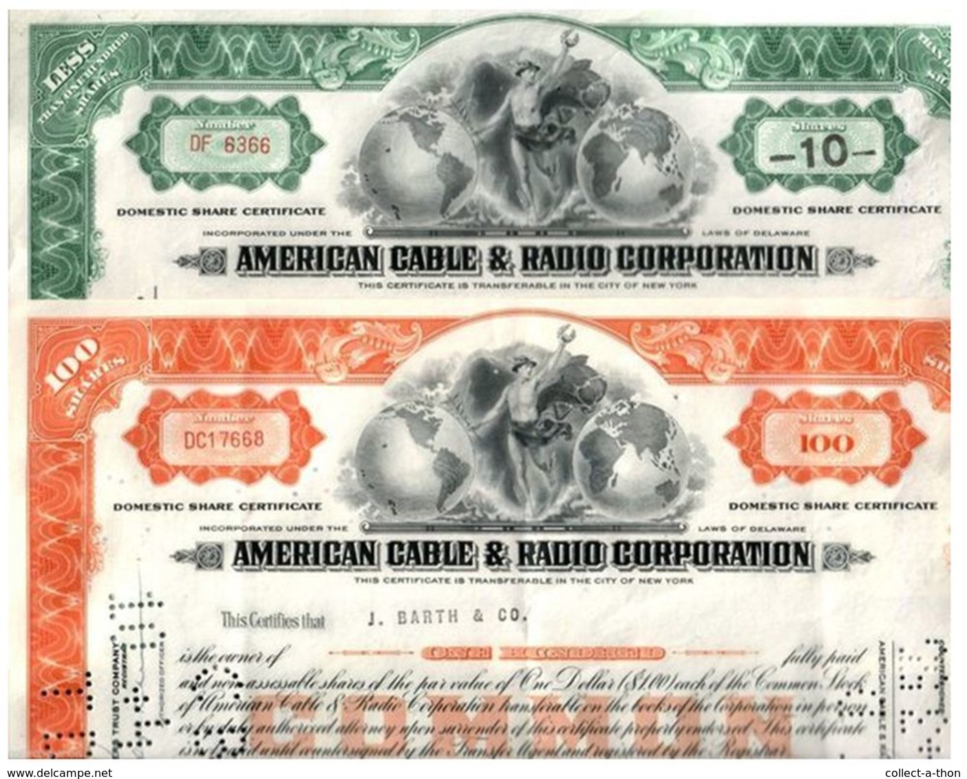 200 AMERICAN CABLE & RADIO STOCKS (100 GREEN 100 ORANGE) 1940's-60's BEAUTIFUL ART DECO CERTIFICATES! LOWEST PRICE 25c!! - Lots & Kiloware - Banknotes