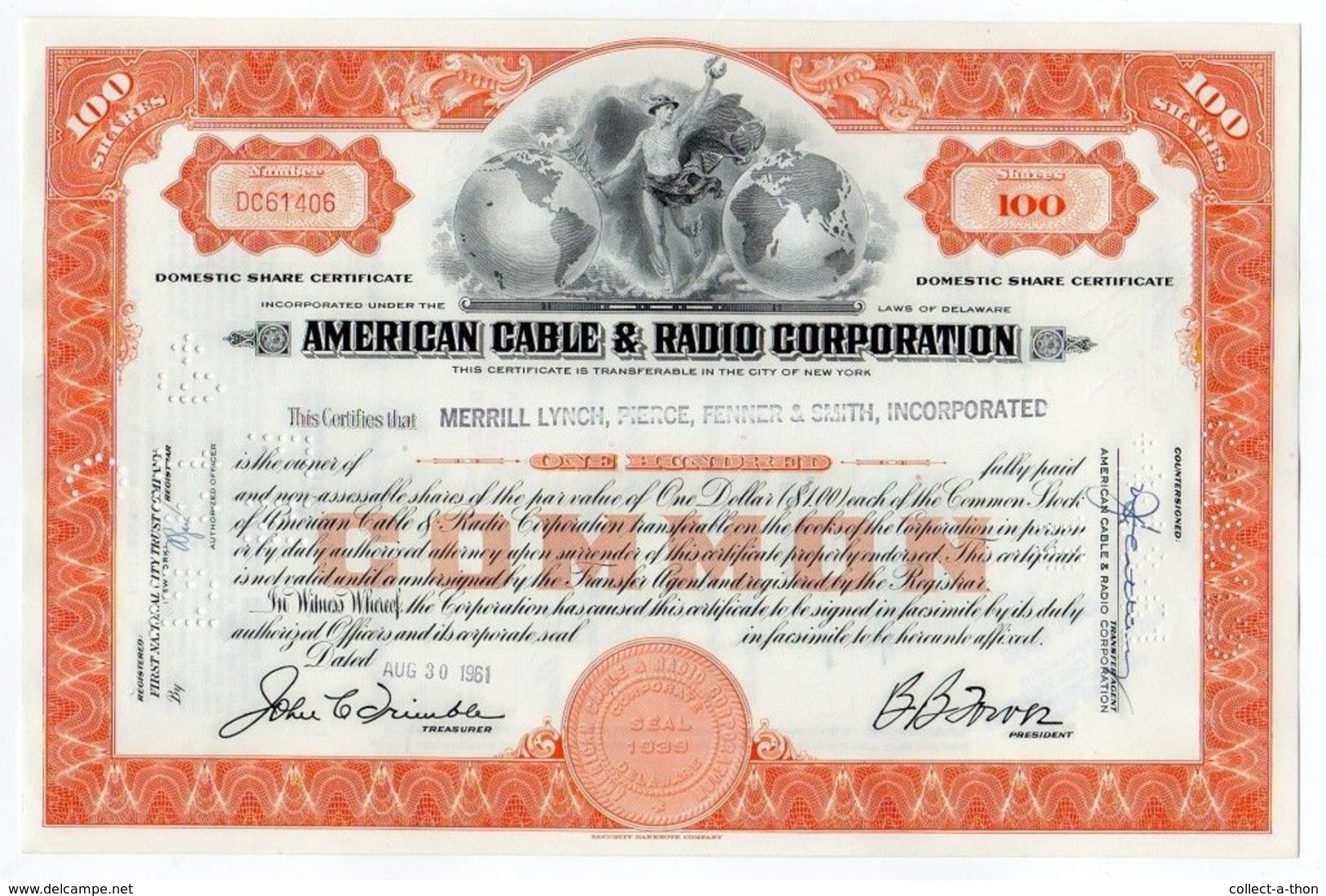 200 AMERICAN CABLE & RADIO STOCKS (100 GREEN 100 ORANGE) 1940's-60's BEAUTIFUL ART DECO CERTIFICATES! LOWEST PRICE 25c!! - Vrac - Billets