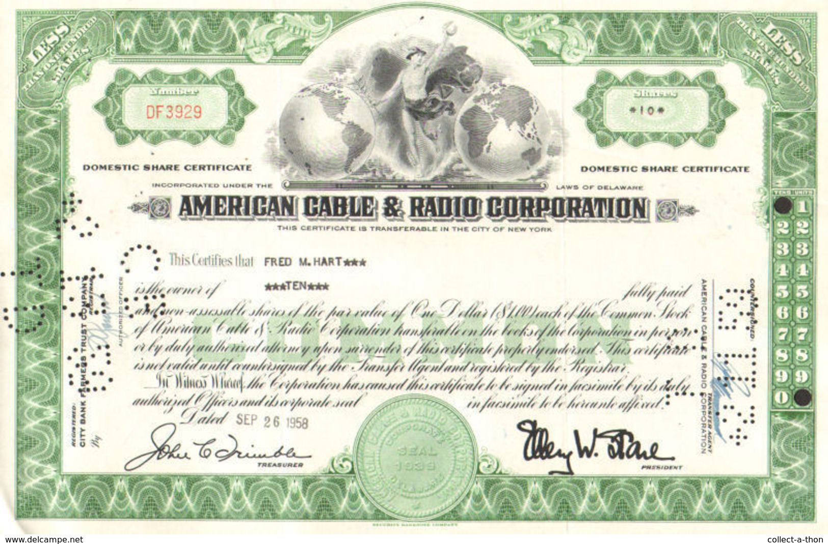 200 AMERICAN CABLE & RADIO STOCKS (100 GREEN 100 ORANGE) 1940's-60's BEAUTIFUL ART DECO CERTIFICATES! LOWEST PRICE 25c!! - Vrac - Billets