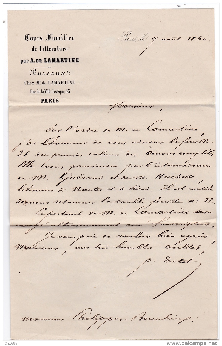 Lettre Du 9 Aout 1860 à Entête " Cours Familier De Littérature " Par Alphonse De Lamartine - Documents Historiques