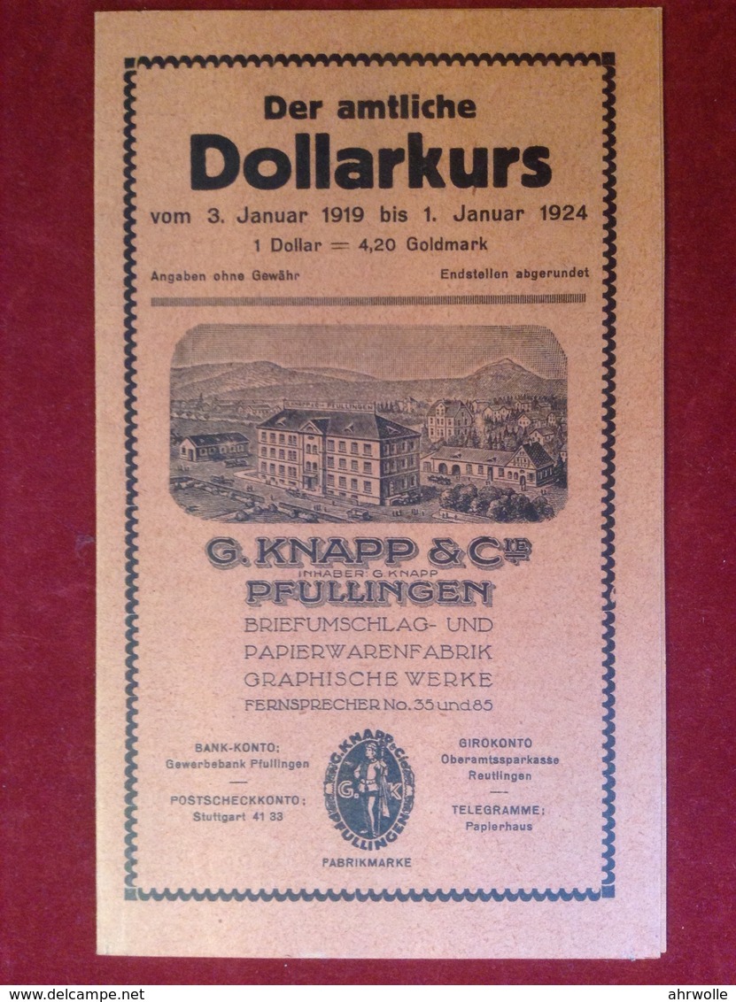 Doppelkarte Der Amtliche Dollarkurs 1919 Bis 1924 G. Knapp & Cie Pfullingen - Reutlingen