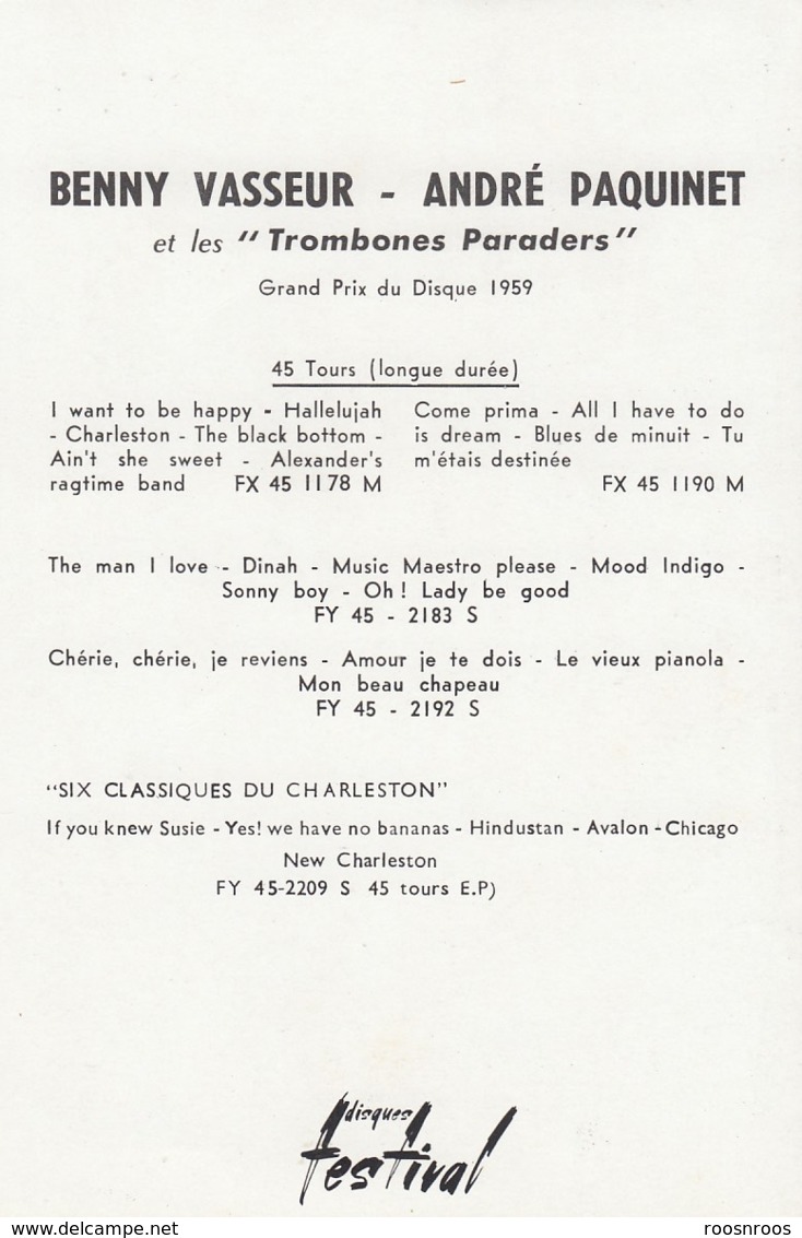 CARTE PUB 15 X 10 DISQUES FESTIVAL  -BENNY VASSEUR ANDRE PAQUINET  ET " LES TROMBONES PARADERS - " AUTOGRAPHES - JAZZ - Sänger Und Musiker