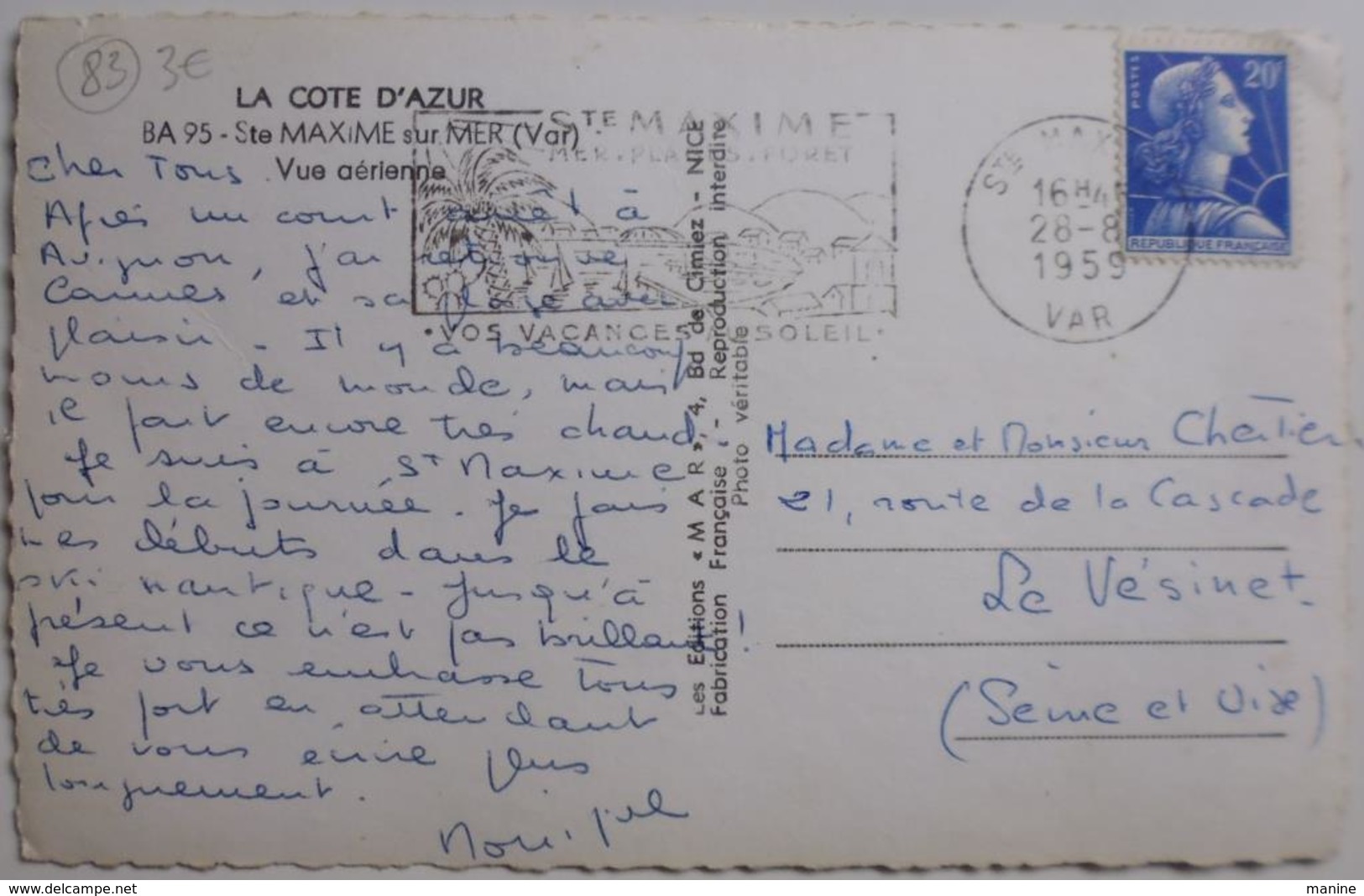 Ste MAXIME Sur MER - Vue Aérienne - CPSM 1959 - Sainte-Maxime