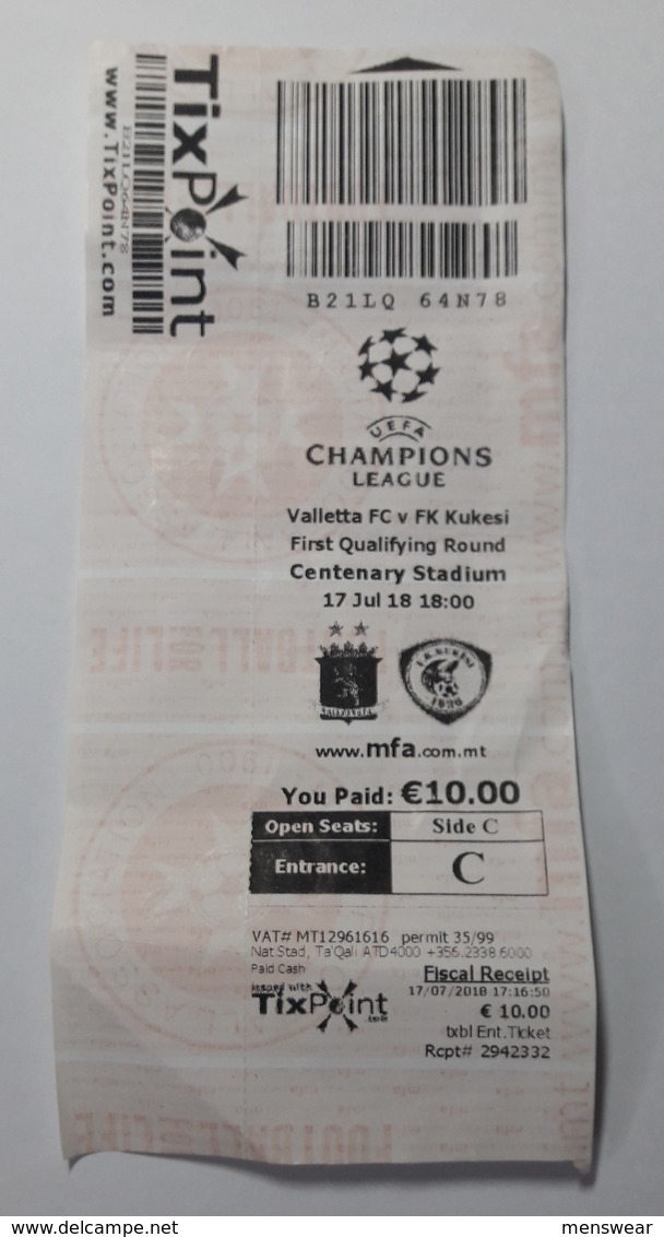 MALTA - VALLETTA  F.C. Vs FUKESI   CHAMPIONS LEAGUE  MATCH TICKET 17 / 07 / 18 - Match Tickets