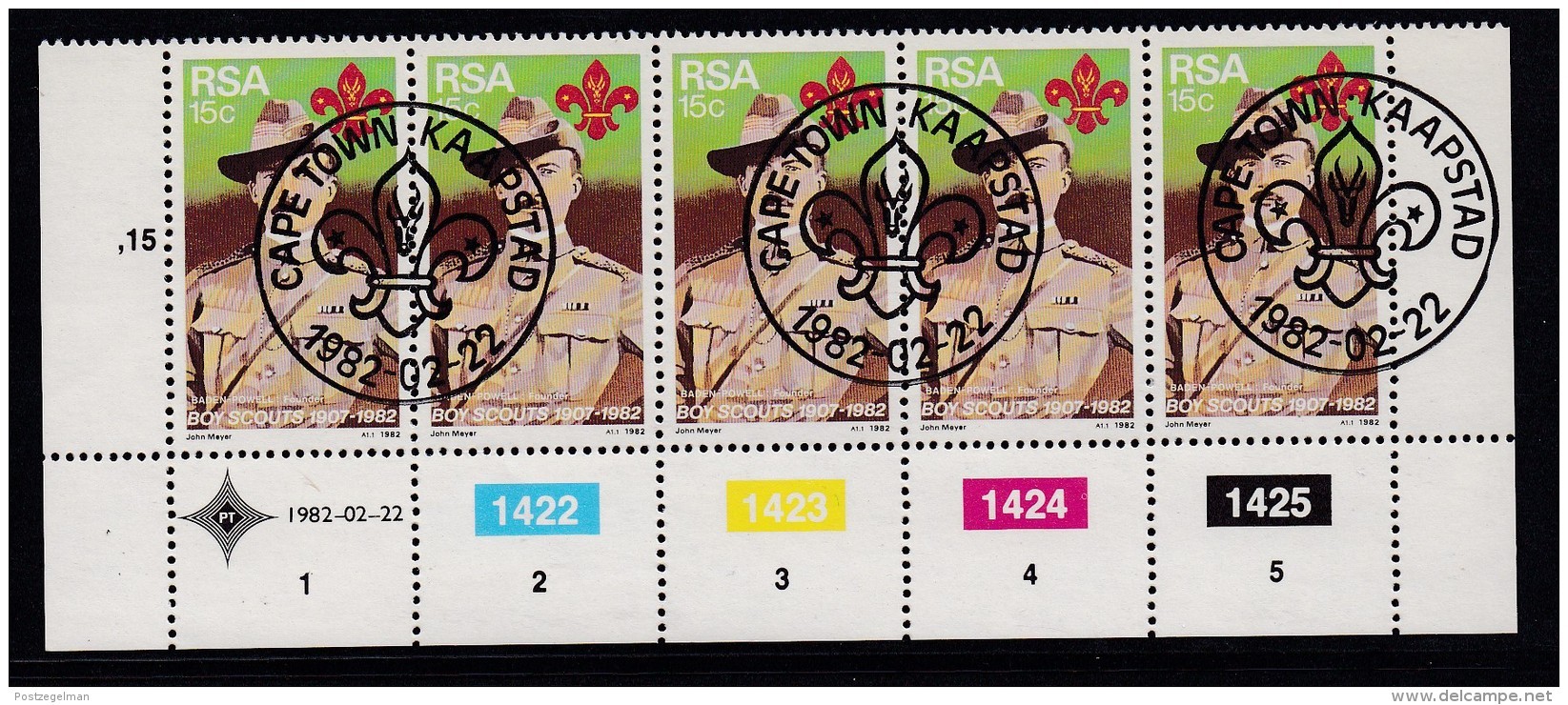 SOUTH AFRICA, 1982, Cancelled To Order Stamps, 1 Control Strip Of 5, Boy Scout Movement,  SA 508 - Used Stamps