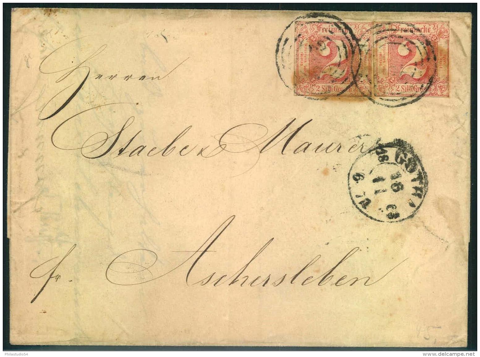 1851, 2 Silbergroschen Rosarot Zweimal Auf Faltbriefhülle Ab GOTHA Nach Aschersleben. - Briefe U. Dokumente