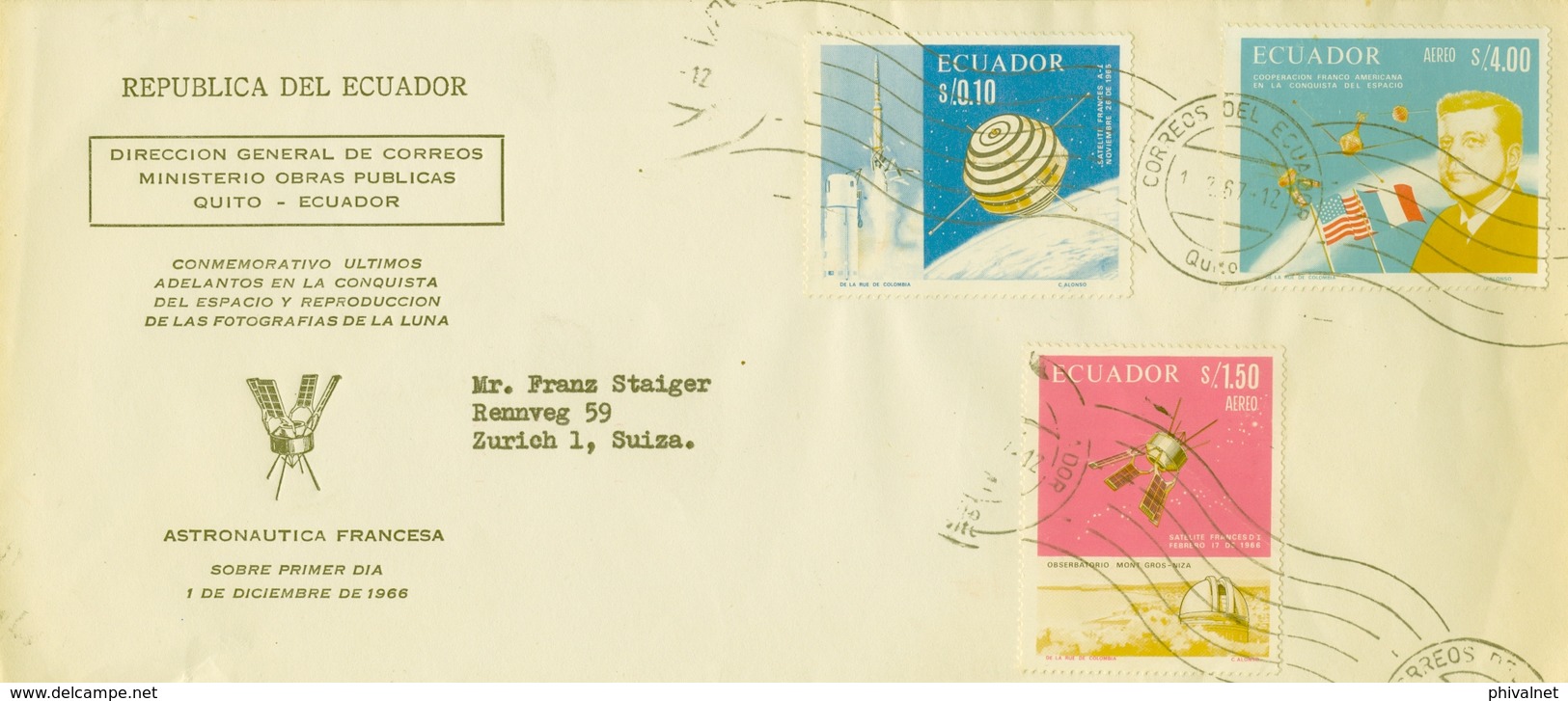 1967 ECUADOR , CORREO AÉREO , SOBRE CIRCULADO , QUITO - ZÜRICH , CONQUISTA DEL ESPACIO - Equateur