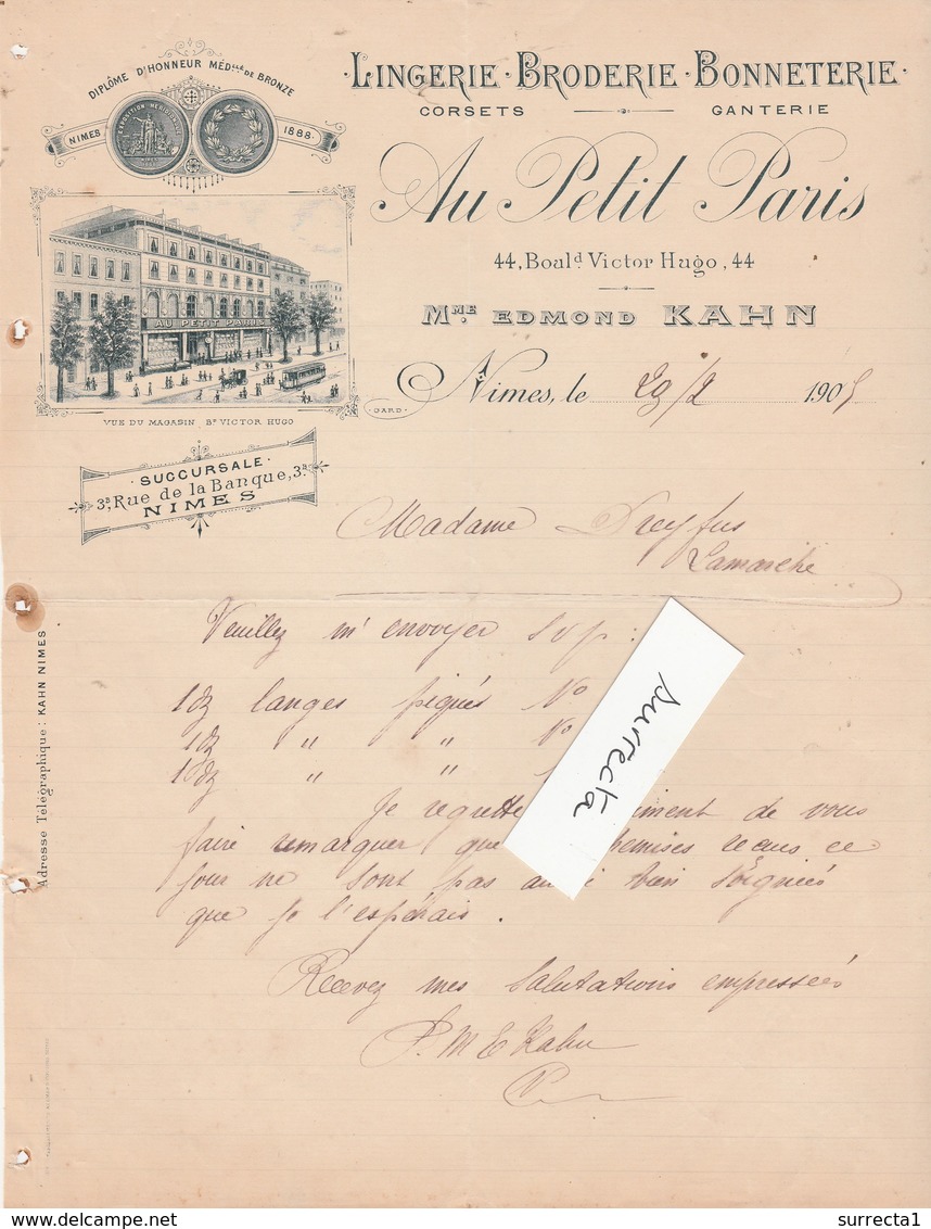 Facture 1905 / Edmond KAHN / "Au Petit Paris" / Lingerie Broderie / 30 Nîmes Gard - 1900 – 1949