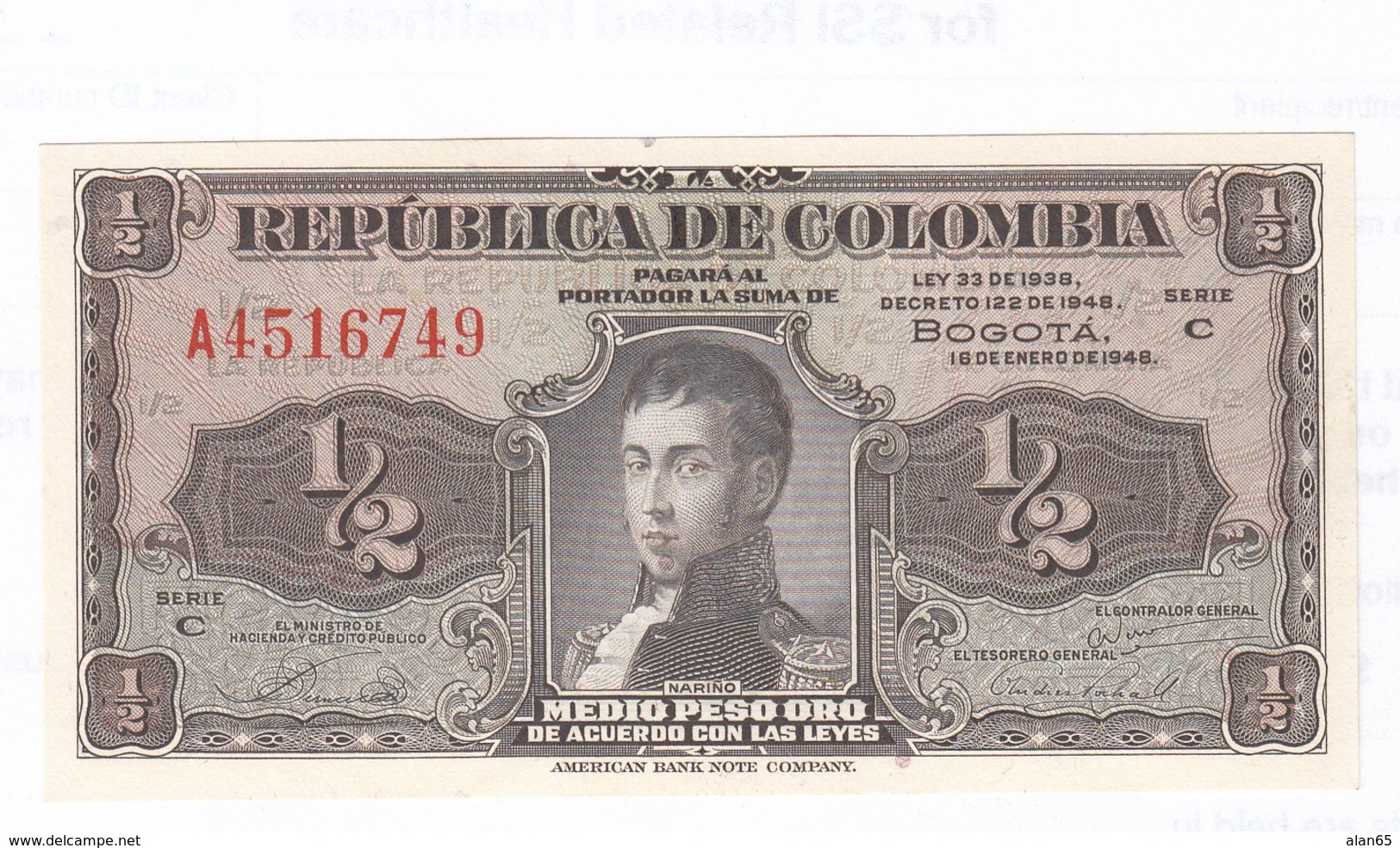 Colombia  #345a 1/2 Peso Oro, Prefix A 16.1.1948 Issue Banknote - Colombia