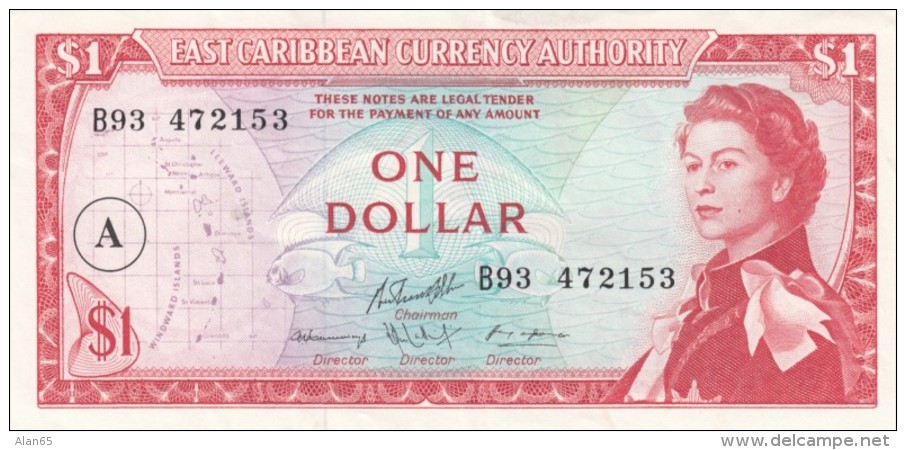 East Caribbean Currency Authority  #13h 1 Dollar, 'A' In Circle Over-print, 1965 Issue Banknote - Caraïbes Orientales