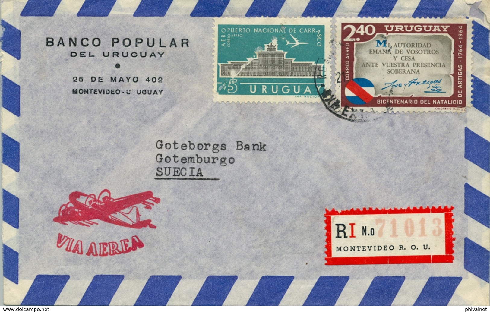 URUGUAY , CERTIFICADO , MONTEVIDEO - GOTEBORG , BANCO POPULAR DEL URUGUAY , CORREO AÉREO - Uruguay