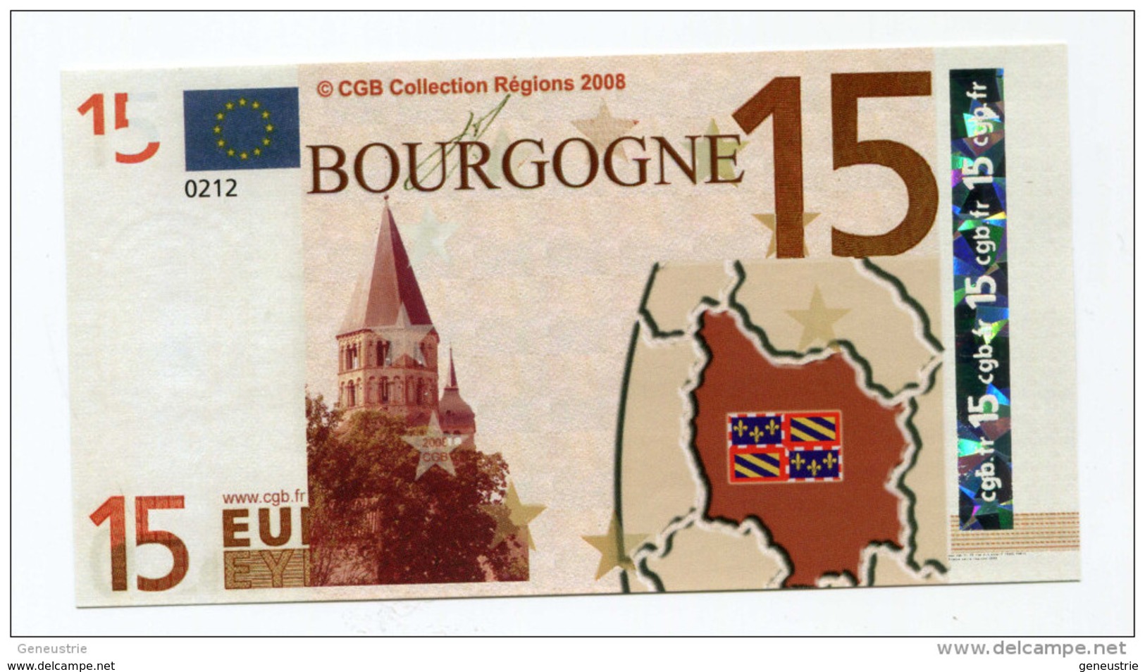 Billet De Banque 15 Euros "Bourgogne" 2008 - CGB - Billet Fictif De Fantaisie 15€ - Banknote - Other & Unclassified