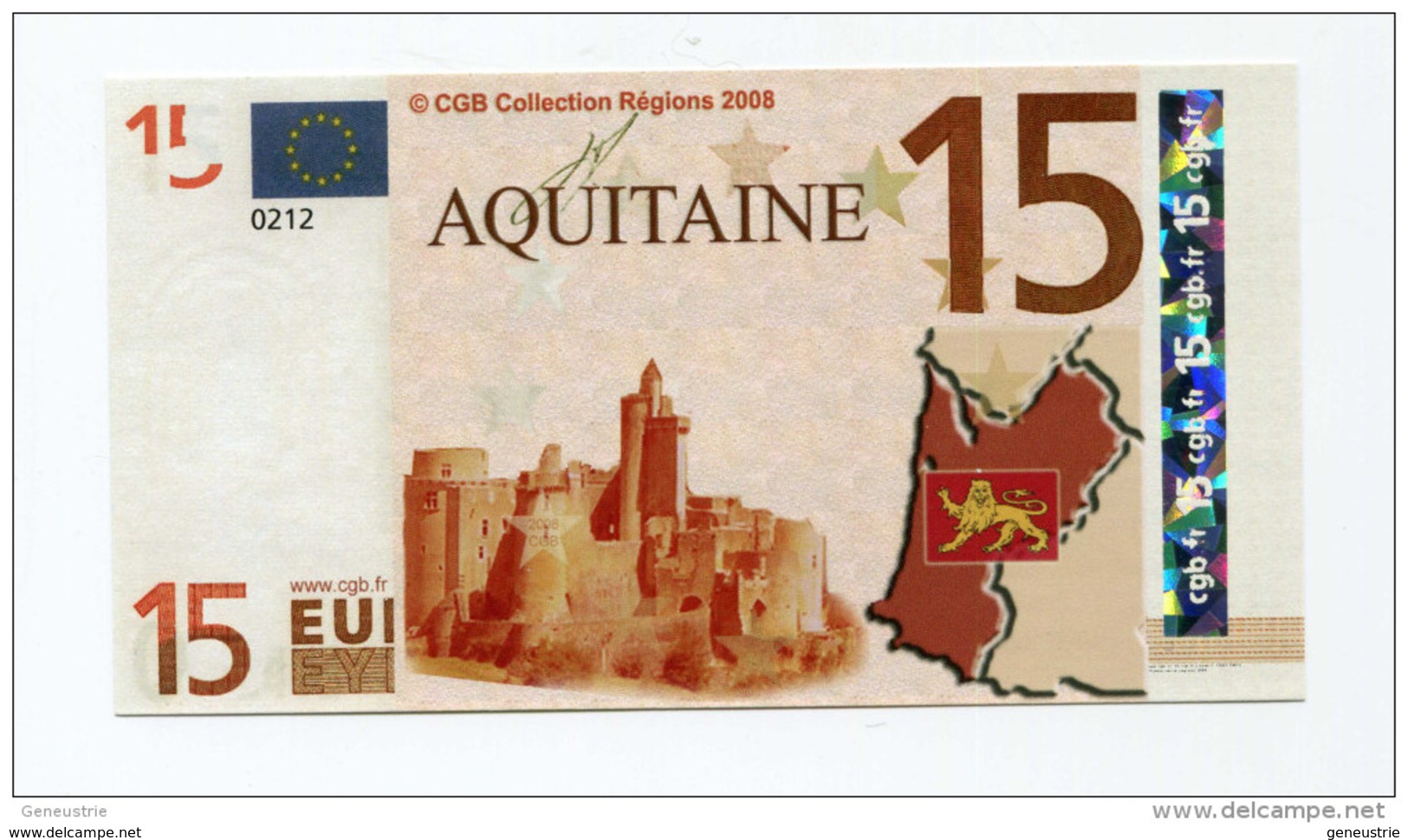Billet De Banque 15 Euros "Aquitaine" 2008 - CGB - Billet Fictif De Fantaisie 15€ - Banknote - Altri & Non Classificati