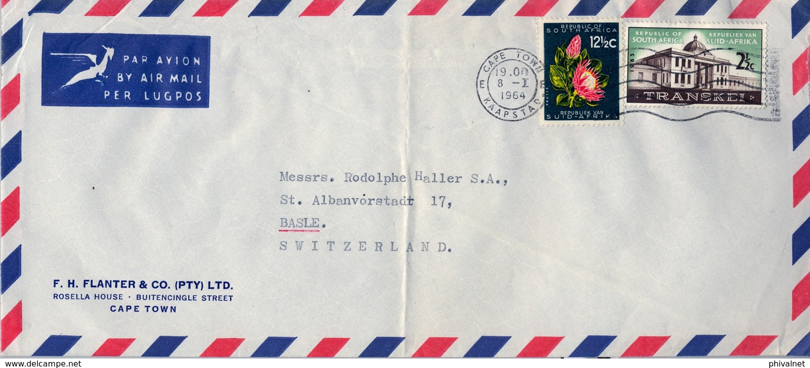 1964 , SUDAFRICA , SOBRE CIRCULADO , CAPE TOWN - BASILEA , CORREO AÉREO - Briefe U. Dokumente