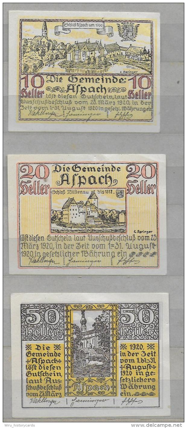 AK 0022  Notgeld-Gutscheine Der Gemeinde Aspach über 10 , 20 &amp; 50 Heller - Austria