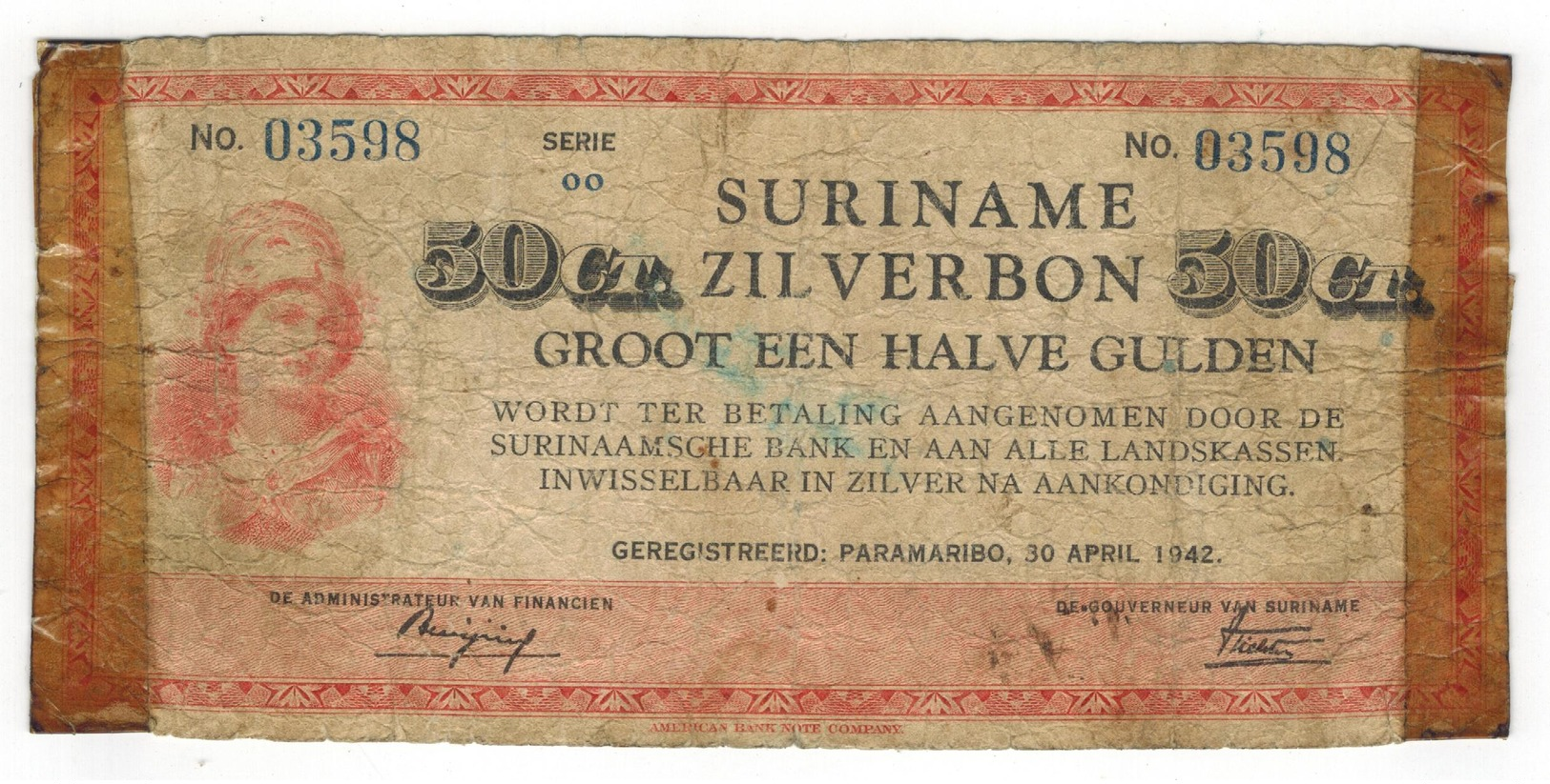 Suriname 50 Ct. Zilverbon, 1942, Used, See Scan. - Surinam