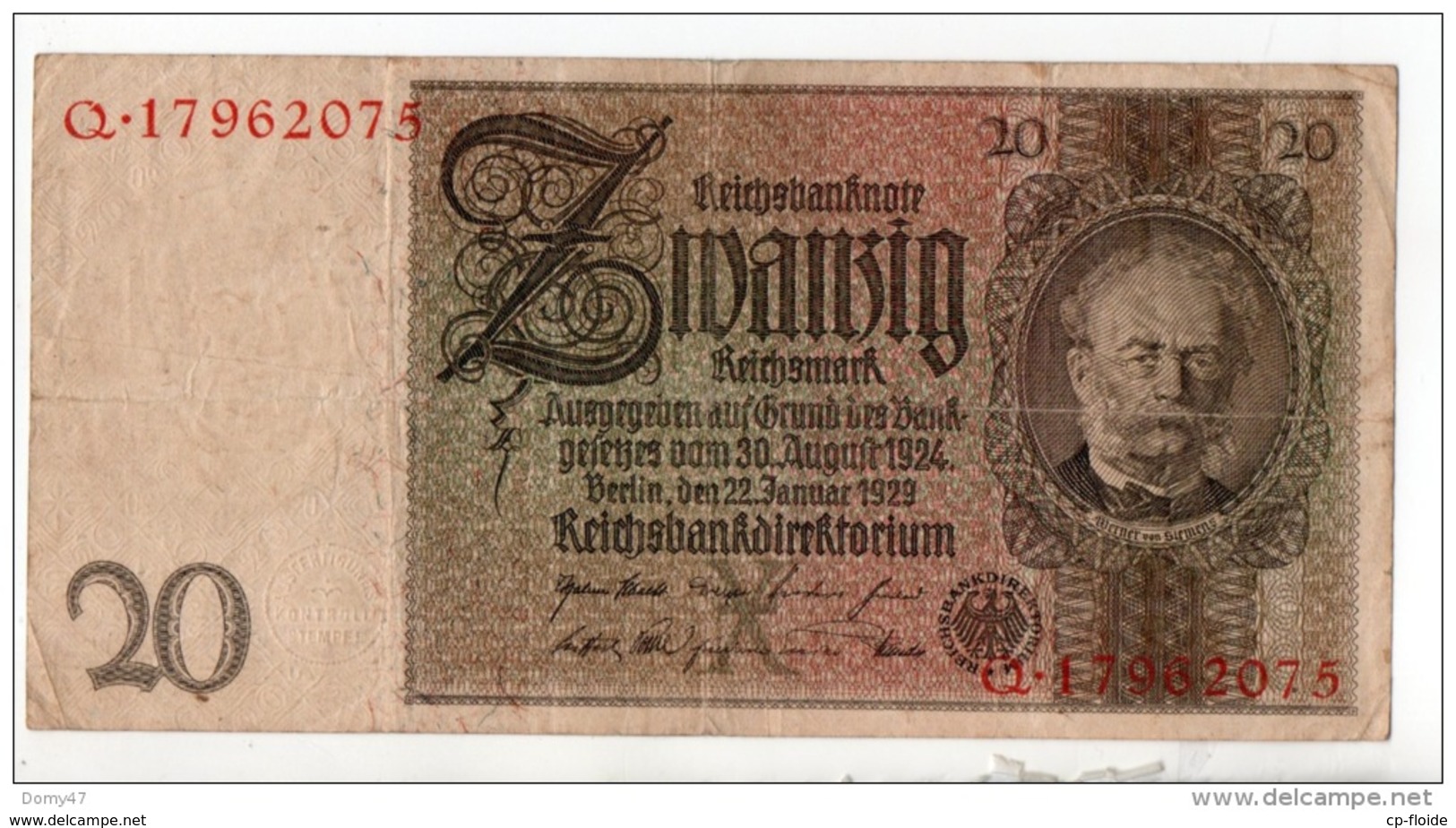 ALLEMAGNE . REICHSBANKNOTE . 20 REICHSMARK . 1929 . N° Q. 17962075 - Réf. N°10751 - - 20 Mark