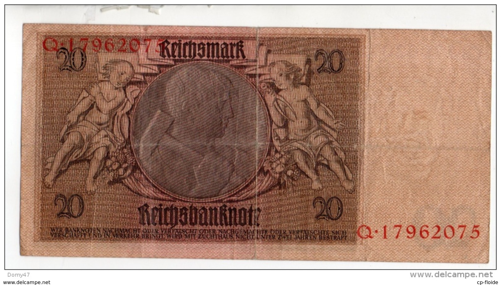 ALLEMAGNE . REICHSBANKNOTE . 20 REICHSMARK . 1929 . N° Q. 17962075 - Réf. N°10751 - - 20 Mark