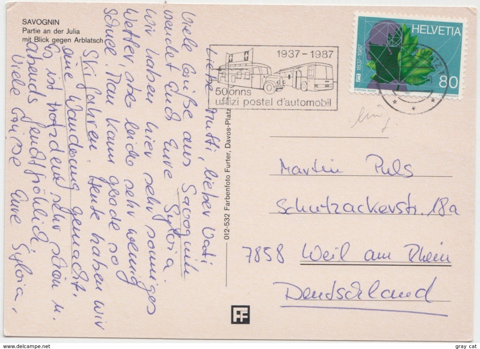 SAVOGNIN, Partie An Der Julia Mit Blick Gegen Arblatsch, Switzerland, 1987 Used Postcard [21793] - Savognin