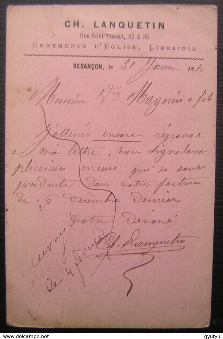 1880 Besançon Carte Avec Repiquage CH. Lanquetin Ornements D'Église, Librairie - 1877-1920: Période Semi Moderne