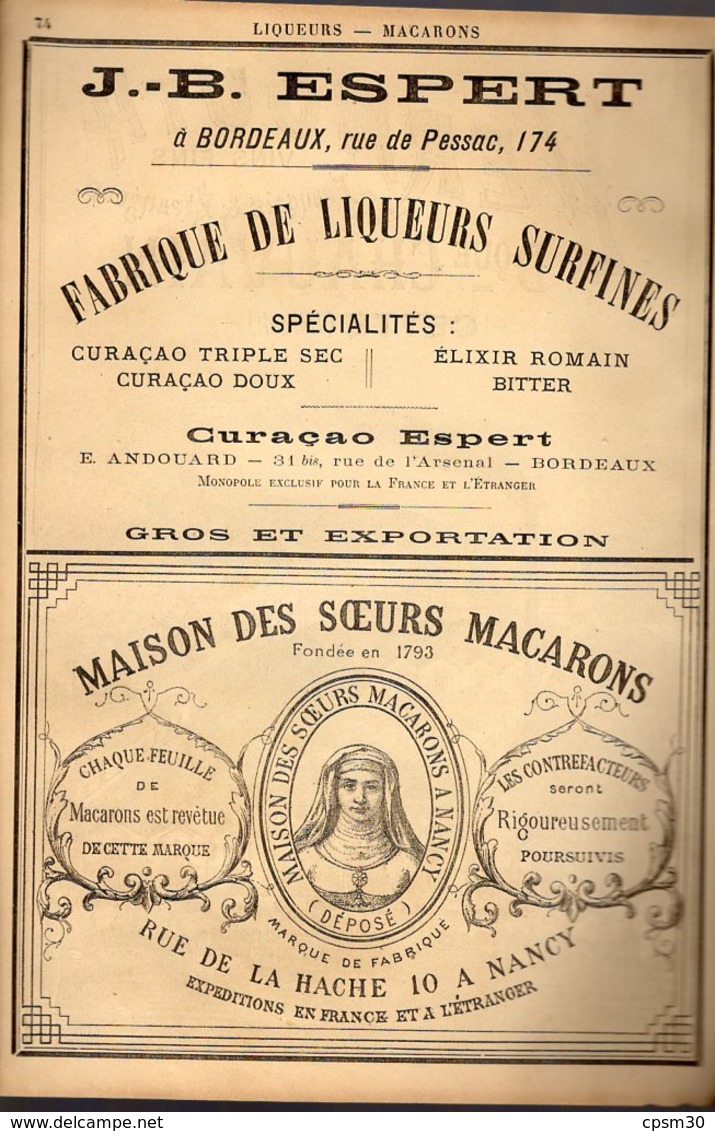 PUB 1891 - Vermouth Vins Fins D. Chauvain Cette (Hérault) J.B. Espert Bordeaux; Maison Des Sœurs Macarons Nancy 54 - Publicités